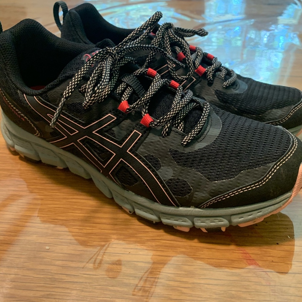 ASICS black and pink running shoes